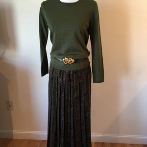 Talbots Navy Blue, Olive Green, Geometric Pleated Maxi Skirt